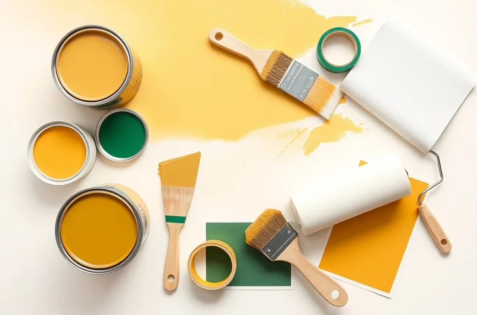 Pots de peinture, nuancier, brosses et rouleaux disposés à plat