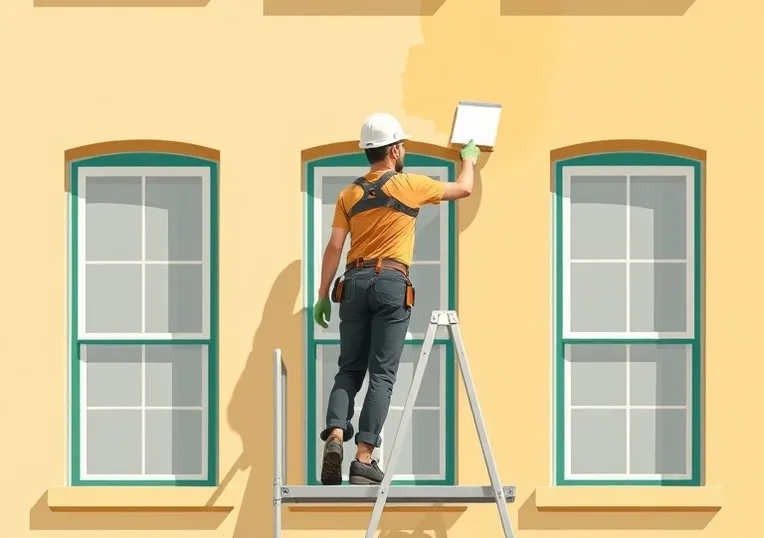 Peintre sur échafaudage traitant la façade d'une maison