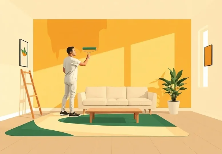 Peintre appliquant la peinture au rouleau sur un mur de salon